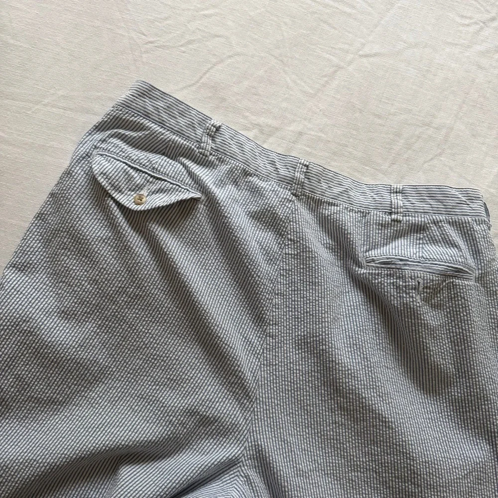 90's Polo Ralph Lauren Andrew Pant 38x30 Blue Seersucker Pleated Cuffed Cotton